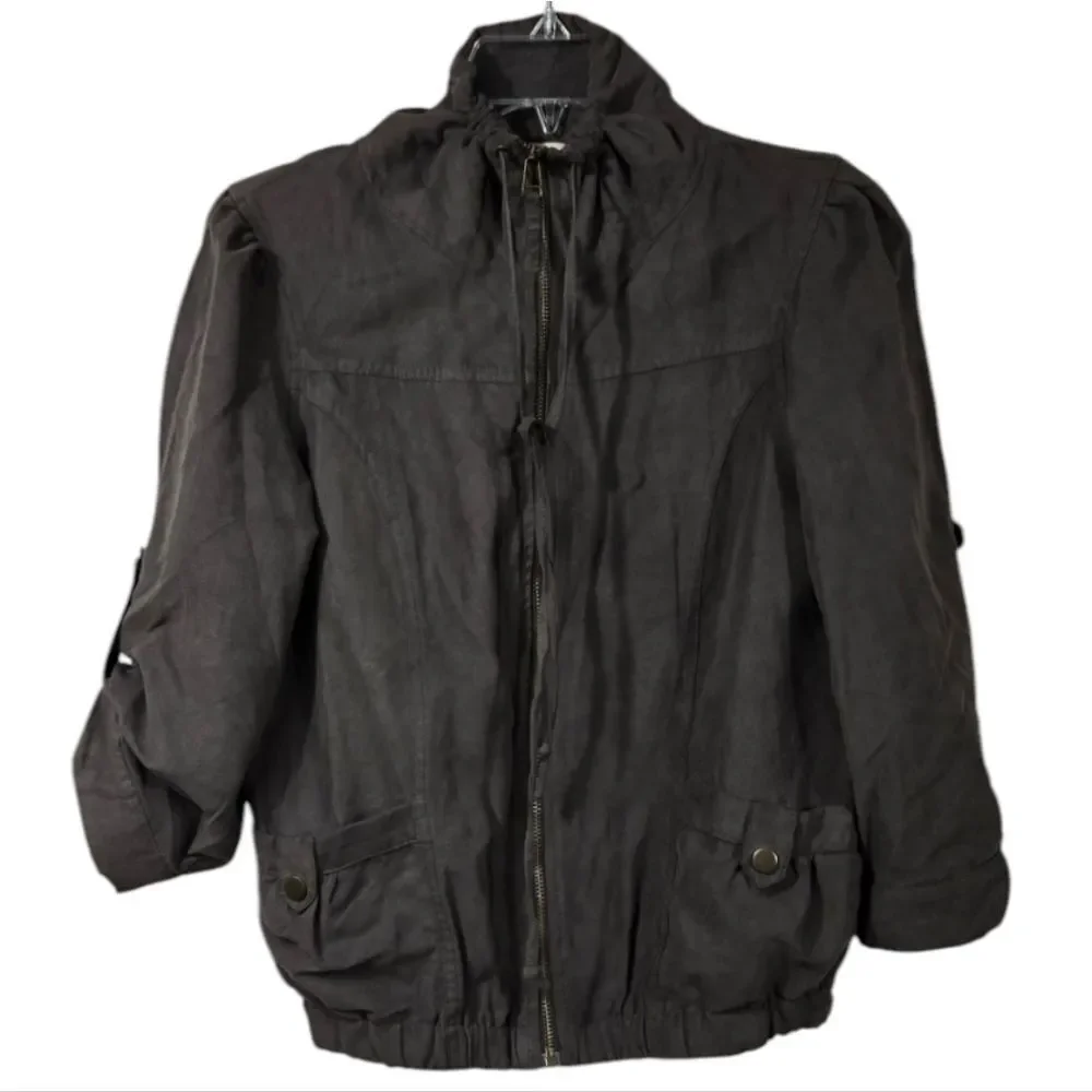 Faux Suede Moto Jacket Brown Lightweight Velvety Roll Tab Utility Women’s Large